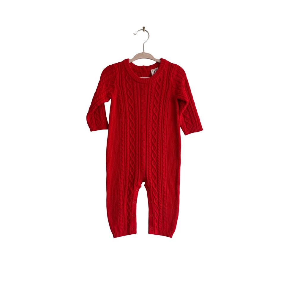 Janie and Jack Red Cable Knit Romper Long Sleeve Button Inseam 3-6 Months
